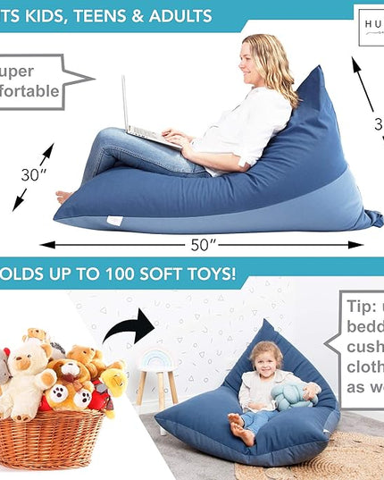 Stuffed Animal Bean Bag Storage - Machine Washable Bean Bag Chair for Kids - Extra Large Cover for Stuffing with Plush Toys, Pillows, Soft Items - Stuffed Animal Holder for Boys & Girls - Blue Denim - LeafyLoom