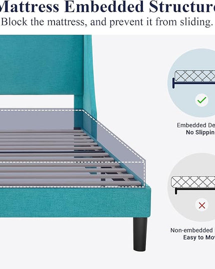 Allewie Full Size Bed Frame, Platform Bed Frame with Upholstered Headboard, Modern Deluxe Wingback, Wood Slat Support, Mattress Foundation, Peacock Green - LeafyLoom