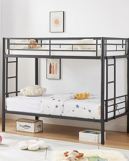 VECELO Metal Bunk Bed Twin Over Twin, Industrial Bunkbeds with Ladder and Full-Length Guardrail, Noise Free, No Boxing Spring Needed, Black - LeafyLoom
