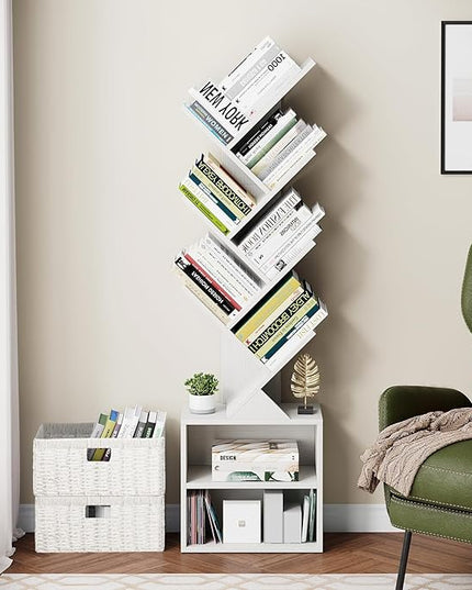 Vagusicc 6 Tier Tree Bookshelf, Modern Floor Standing Bookcase with Storage Drawer, Space Saving Storage Organizer Book Shelves for Books, Tall Wood Storage Rack for Bedroom/Living Room/Home Office - LeafyLoom