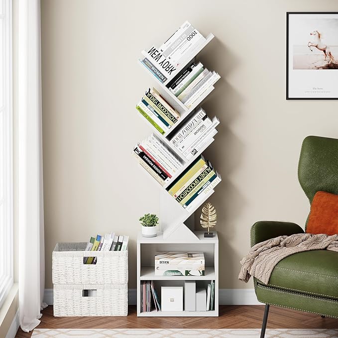 Vagusicc 6 Tier Tree Bookshelf, Modern Floor Standing Bookcase with Storage Drawer, Space Saving Storage Organizer Book Shelves for Books, Tall Wood Storage Rack for Bedroom/Living Room/Home Office - LeafyLoom