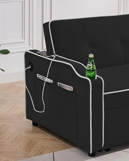 3-in-1 Velvet Upholstered Sofabed Tufted Futon Loveseat Sofa Convertible Sleeper Couch Bed with Cupholders and USB Charging Ports,Modern 2-Seaters Love Seat Daybed for Living Room, 55.2", Black1 - LeafyLoom