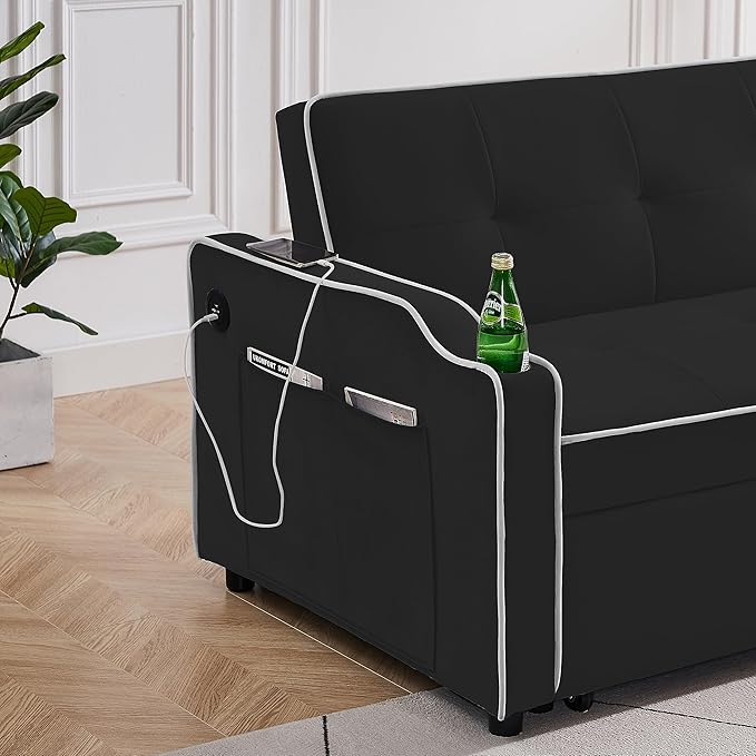 3-in-1 Velvet Upholstered Sofabed Tufted Futon Loveseat Sofa Convertible Sleeper Couch Bed with Cupholders and USB Charging Ports,Modern 2-Seaters Love Seat Daybed for Living Room, 55.2", Black1 - LeafyLoom
