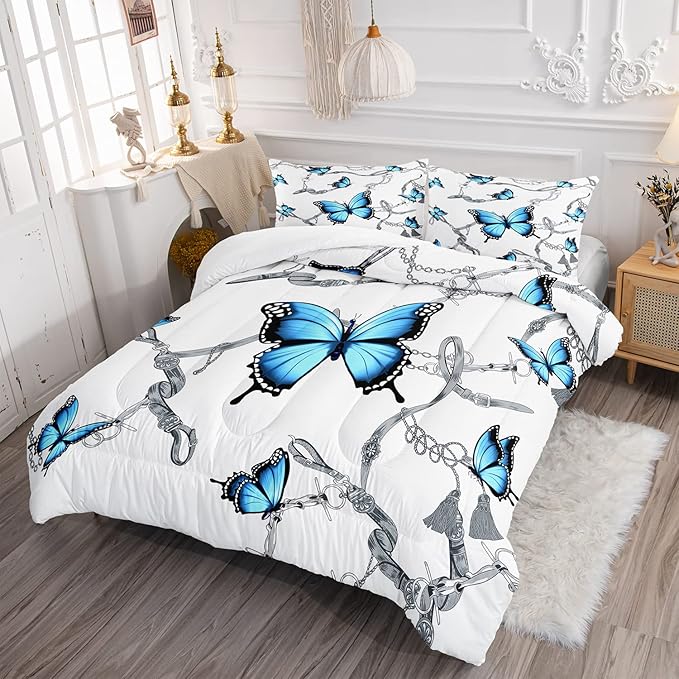 CVHOUSE Butterfly Bedding Set,Butterfly Comforter King,Butterfly Comforter Set for Girls Kids Teens,Butterflies Quilt Set with 1 Comforter and 2 Pillow Cases- 3 Piece - LeafyLoom