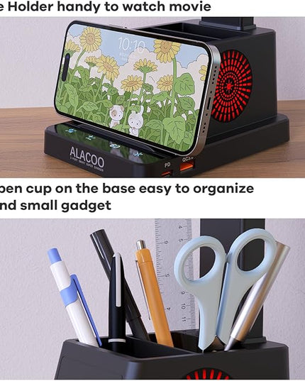 LED Desk Lamp for Home Office with USB A+C Charging Port Touch Control Reading Table Lamp Small Desk Lamp with Pen Phone Holder 3 Color Modes 4 Dimmable RGB Auto Timer 60min for Home, Office, Dorm - LeafyLoom
