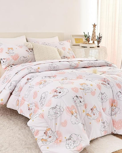 Cat Kids Comforter Set for Girls Twin, Cute Quilted Pink Heart Printed Bedding Set with Pillow Sham, Lightweight Soft Breathable Machine Washable Bed Set 2 Piece - LeafyLoom
