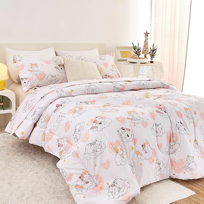 Cat Kids Comforter Set for Girls Full Size, Cute Quilted Pink Heart Printed Bedding Set with Pillow Sham, Lightweight Soft Breathable Machine Washable Bed Set 3 Piece - LeafyLoom