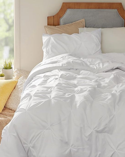 Bedsure Twin XL Comforter Set - Extra Long 5 Pieces Dorm Bedding Sets, Pinch Pleat White Bed in a Bag with Comforter, Sheets, Pillowcase & Sham - LeafyLoom