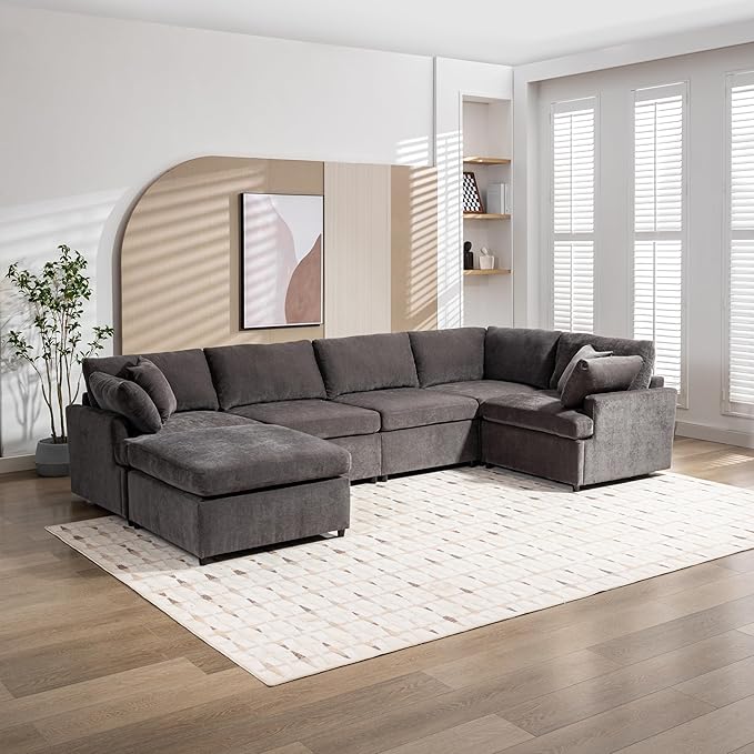 100.4" Modern Large U-Shape Modular Sectional Sofa with Removable Ottomans, Flexible Combination 6-Seater Upholstered Couch for Living Room Apartment Office, Gray, 100.4 Inch - LeafyLoom