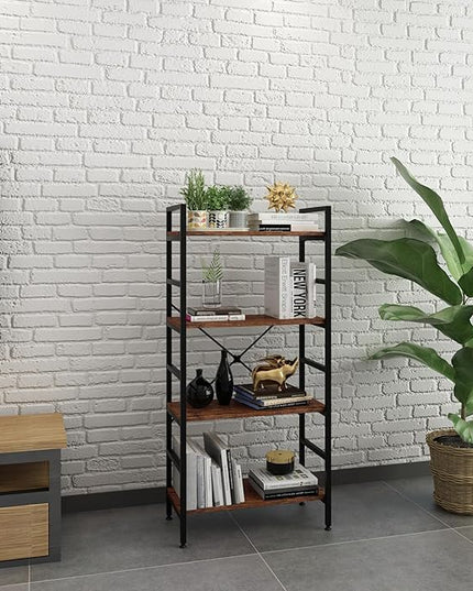 4 Tier Industrial Book Shelf,Modern Small Book Case for Books, Garage Kit, CDs, Movies, Standing BookShelves Display Rack for Bedroom/Living Room/Home Office - Rustic Brown Wood Bookcase - LeafyLoom