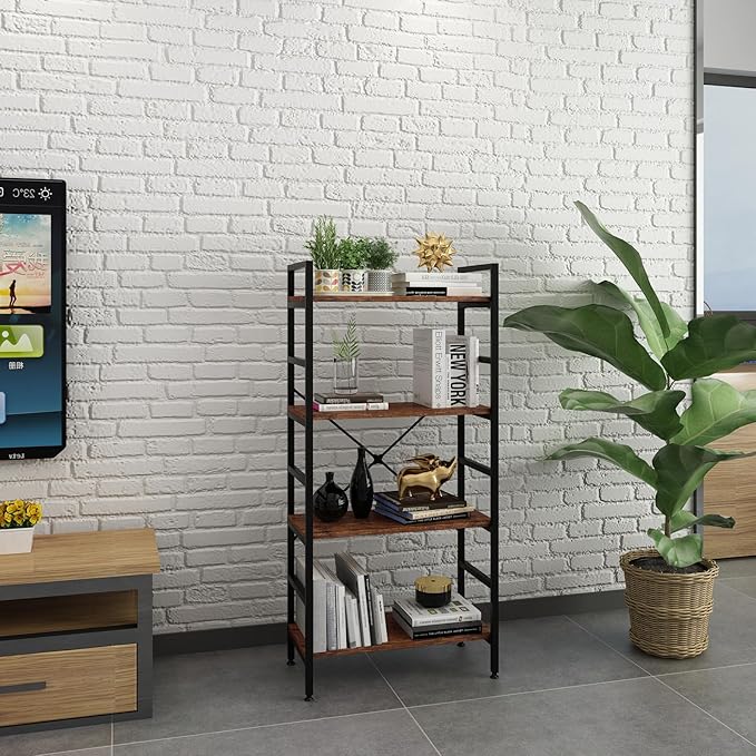 4 Tier Industrial Book Shelf,Modern Small Book Case for Books, Garage Kit, CDs, Movies, Standing BookShelves Display Rack for Bedroom/Living Room/Home Office - Rustic Brown Wood Bookcase - LeafyLoom