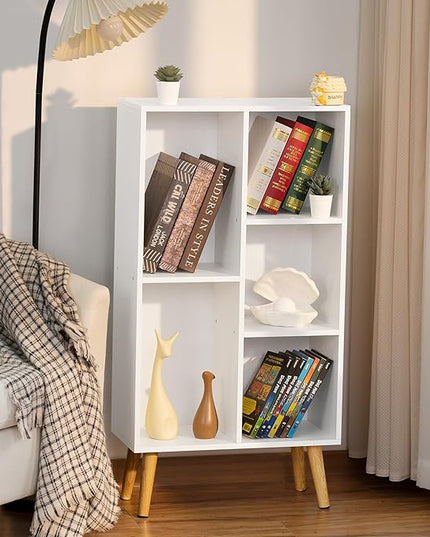 YAHARBO Small White Bookshelf,3 Tier Modern Kids Bookcase with Legs,5 Cube Wooden Bookshelves Storage Shelf,Book Shelves Organizer,Display Bookcases Cabinet for Room Nursery Study - LeafyLoom