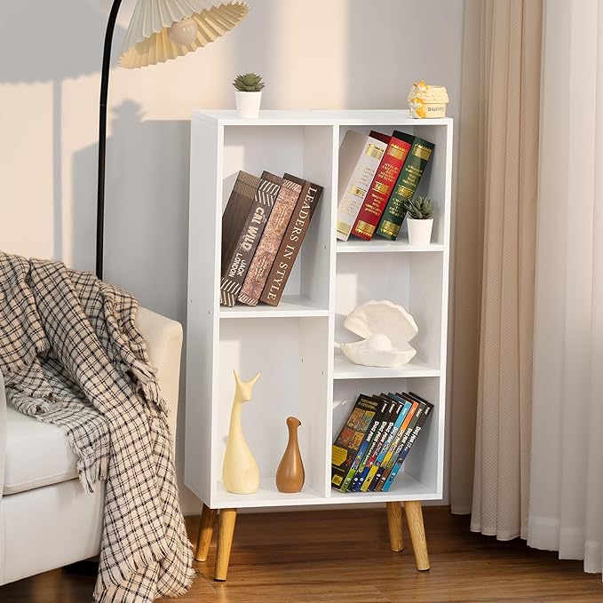 YAHARBO Small White Bookshelf,3 Tier Modern Kids Bookcase with Legs,5 Cube Wooden Bookshelves Storage Shelf,Book Shelves Organizer,Display Bookcases Cabinet for Room Nursery Study - LeafyLoom