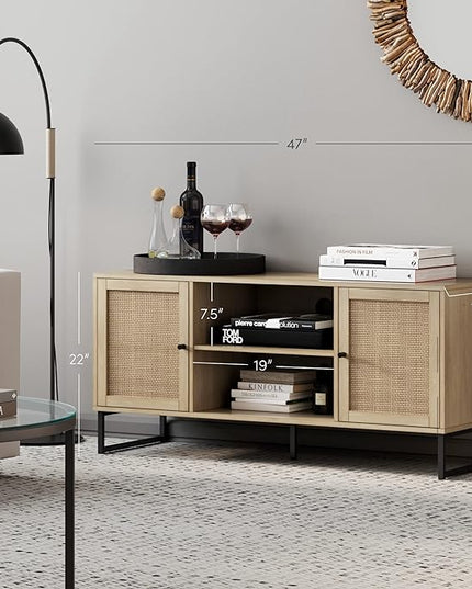 Nathan James 74101 Mina Modern TV Stand, Entertainment Cabinet, Media Console with a Natural Oak Wood Finish and Matte Black Accents with Storage Doors for Living Room or Media Room, Oak/Black - LeafyLoom