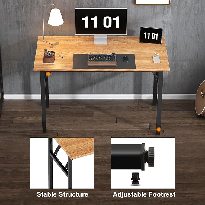 Need Home Office Desk 47 inches Folding Computer Table Workstation No Install, Teak and Black - LeafyLoom