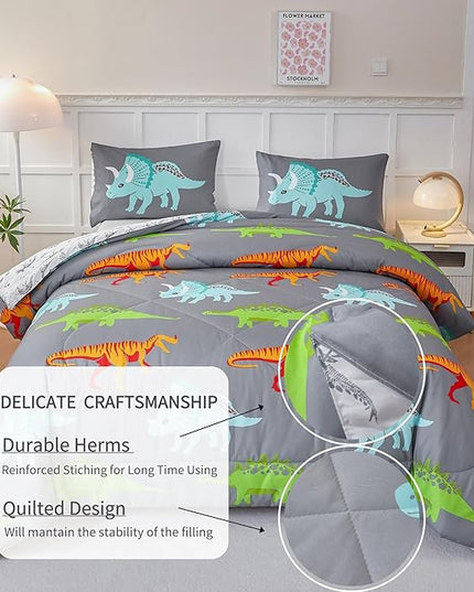 RYNGHIPY Dinosaur Kids Comforter Set Cartoon Dinosaur Bedding Sets for Boys 3 Pieces Queen Microfiber Comforter with Pillowcases Soft Lightweight (Dark Grey,Queen) - LeafyLoom