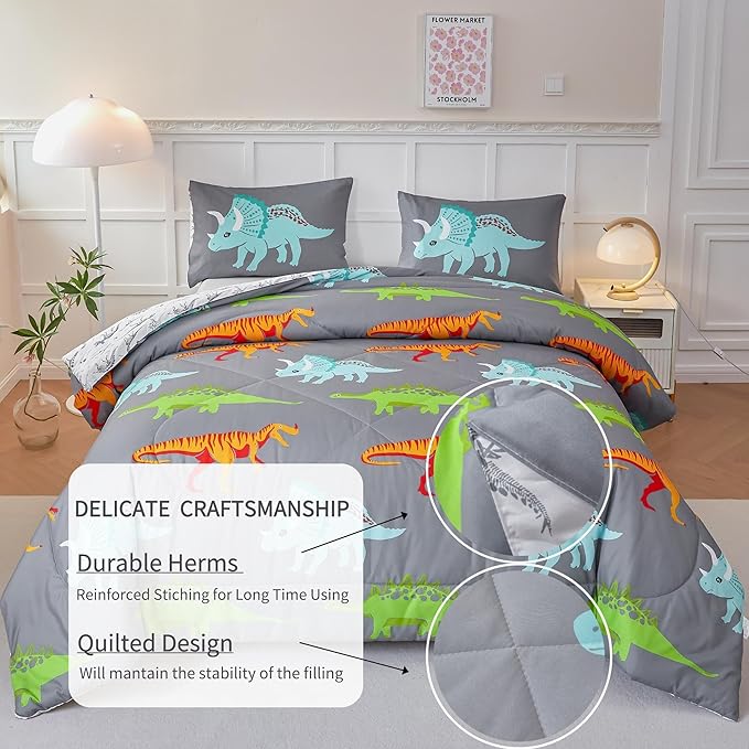 RYNGHIPY Dinosaur Kids Comforter Set Cartoon Dinosaur Bedding Sets for Boys 3 Pieces Queen Microfiber Comforter with Pillowcases Soft Lightweight (Dark Grey,Queen) - LeafyLoom
