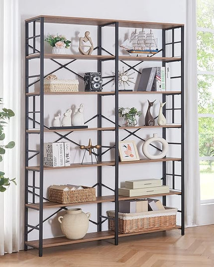 HOMISSUE Tall Bookshelf, 84" Bookshelves and Bookcases Double Wide 7-Tier Bookshelf, Tall Bookcase Wood Style and Metal Open Display Shelves for Living Room Home Office, Rustic Brown - LeafyLoom