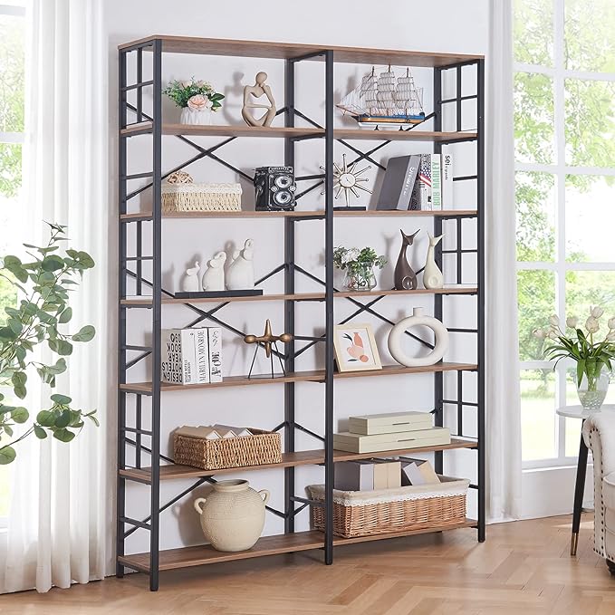 HOMISSUE Tall Bookshelf, 84" Bookshelves and Bookcases Double Wide 7-Tier Bookshelf, Tall Bookcase Wood Style and Metal Open Display Shelves for Living Room Home Office, Rustic Brown - LeafyLoom