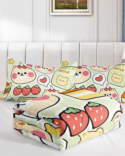 Datura home Kawaii Strawberry Bear Comforter Bedding Set for Kids Boys and Girls Teens, Cute Cartoon Fruit Print Light Green with 1 2 Pillowcases(Kawaii Twin 68x86inches) - LeafyLoom