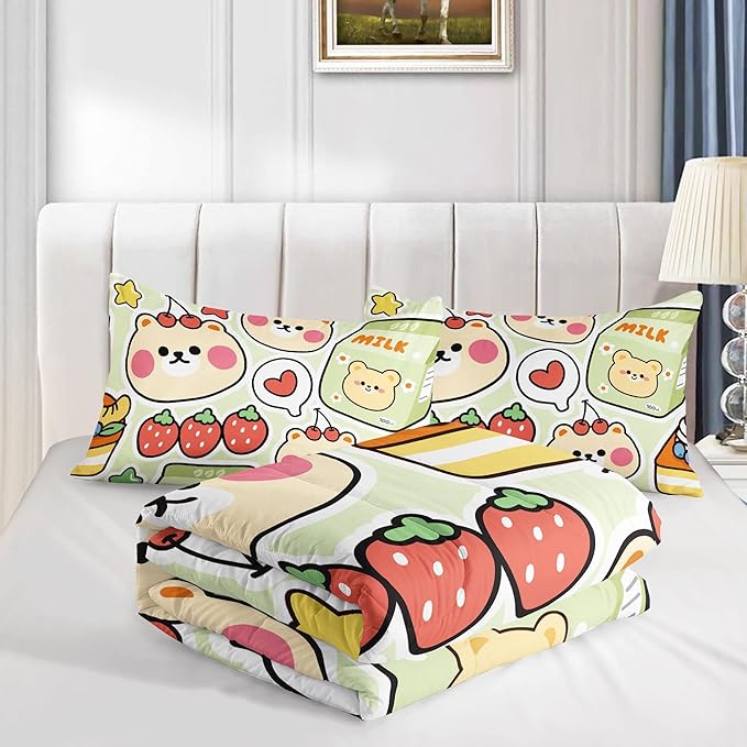 Datura home Kawaii Strawberry Bear Comforter Bedding Set for Kids Boys and Girls Teens, Cute Cartoon Fruit Print Light Green with 1 2 Pillowcases(Kawaii Twin 68x86inches) - LeafyLoom
