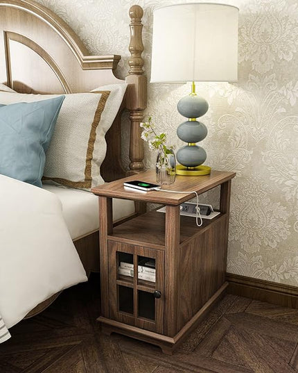 HIFYOBRO Narrow End Table with Flip Top Charging Station and Storage Cabinet, Type-C & USB port & Power outlets, Adjustable Shelf, Narrow Side Table with Storage for Living Room and Bedroom - LeafyLoom