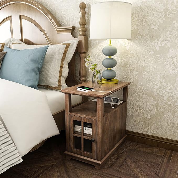 HIFYOBRO Narrow End Table with Flip Top Charging Station and Storage Cabinet, Type-C & USB port & Power outlets, Adjustable Shelf, Narrow Side Table with Storage for Living Room and Bedroom - LeafyLoom