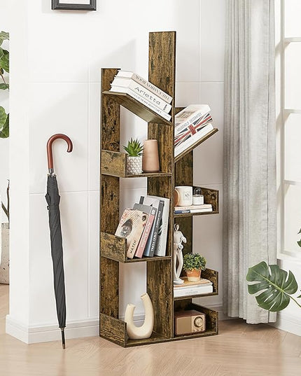 VECELO 8 Shelf Tree Bookcase,Wooden Tree Bookshelf Display with 8 Storage Shelves,Tree-Shaped Shelf Racks Organizer for Books,Magazines,CDs Decors for LivingRoom Bedroom Home Office,Rustic Brown - LeafyLoom
