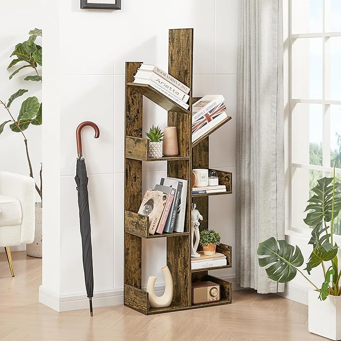 VECELO 8 Shelf Tree Bookcase,Wooden Tree Bookshelf Display with 8 Storage Shelves,Tree-Shaped Shelf Racks Organizer for Books,Magazines,CDs Decors for LivingRoom Bedroom Home Office,Rustic Brown - LeafyLoom