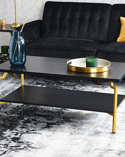 Household Essentials Crown Rectangular Coffee Table with Storage Shelf Black Oak Wood Grain and Gold Metal - LeafyLoom