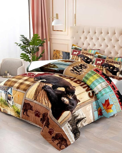 LUVIVIHOME 3PCS Rustic Cabin Comforter Set Queen Size, Bear Bedding Sets, Elk Deer Forest Woodland Animals Wildlife Hunting Country Farmhouse Red Buffalo Plaid Lodge Patchwork Quilt, 2 Pillow Shams - LeafyLoom