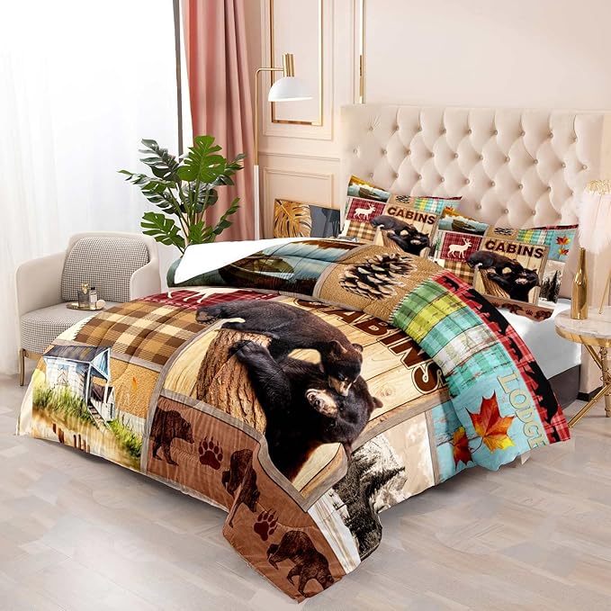 LUVIVIHOME 3PCS Rustic Cabin Comforter Set Queen Size, Bear Bedding Sets, Elk Deer Forest Woodland Animals Wildlife Hunting Country Farmhouse Red Buffalo Plaid Lodge Patchwork Quilt, 2 Pillow Shams - LeafyLoom