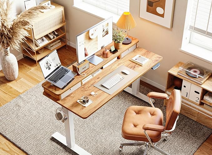 BANTI 40x24 Inch Electric Standing Desk with Double Drawers, Adjustable Height Stand Up Desk, Sit Stand Home Office Desk with Storage Shelf, Light Rustic Brown Top - LeafyLoom