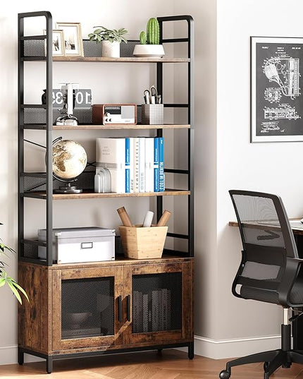 GAOMON Industrial Bookshelf with Doors 70.87" Tall Bookcase with 4 Tiers Open Storage Shelf Rustic Bookshelves Display Rack Cabinet Farmhouse Bookshelf for Bedroom, Living Room, Home Office, Brown - LeafyLoom