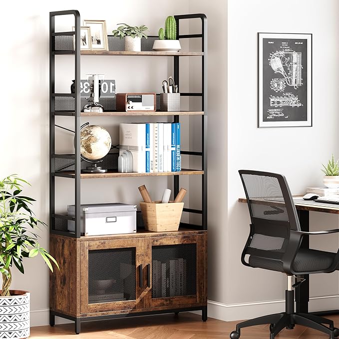 GAOMON Industrial Bookshelf with Doors 70.87" Tall Bookcase with 4 Tiers Open Storage Shelf Rustic Bookshelves Display Rack Cabinet Farmhouse Bookshelf for Bedroom, Living Room, Home Office, Brown - LeafyLoom