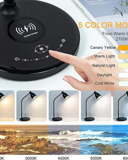 Desk Lamp with USB Charging Port Table Lamp Wireless Charger Dimmable Dorm Lamp 5 Colors 7 Brightness Levels Touch Bedside Table Lamps Gooseneck Reading Light for Home Office - LeafyLoom