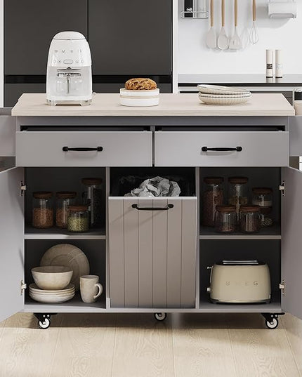 Kitchen Island with Trash Can Storage Cabinet, Kitchen Cart with Drop Leaf, Spice Rack, Towel Rack and Drawer, Rolling Kitchen Island on Wheels with Adjustable Shelf, Grey - LeafyLoom
