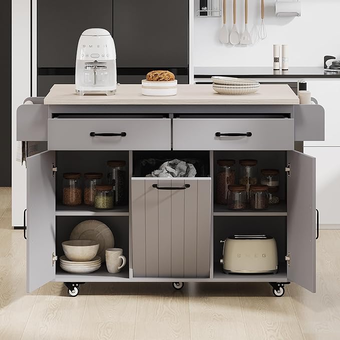 Kitchen Island with Trash Can Storage Cabinet, Kitchen Cart with Drop Leaf, Spice Rack, Towel Rack and Drawer, Rolling Kitchen Island on Wheels with Adjustable Shelf, Grey - LeafyLoom