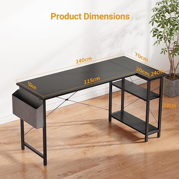 CubiCubi 55 Inch Small L Shaped Computer Desk with Storage Shelves Home Office Corner Desk Study Writing Table, Black - LeafyLoom