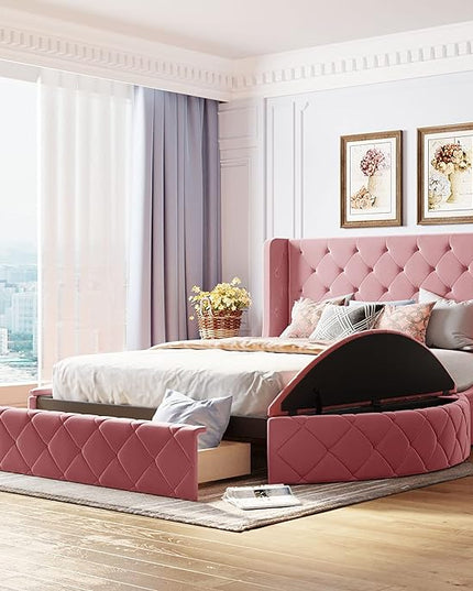 Queen Size Velvet Upholstered Platform Bed with Wingback Headboard, Spacious Drawer, and Convenient Side Storage Stools, Comfort Platform Bed Frame for Home Bedroom, Pink - LeafyLoom