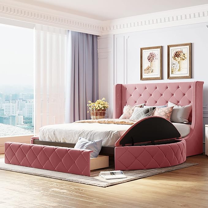 Queen Size Velvet Upholstered Platform Bed with Wingback Headboard, Spacious Drawer, and Convenient Side Storage Stools, Comfort Platform Bed Frame for Home Bedroom, Pink - LeafyLoom