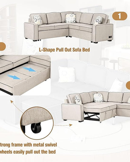 83“ L-Shape Sectional Sleeper Sofa with Pull out Bed, Linen Upholstered Convertible Couch w/ 3 Pillows, 2 Power Sockets &2 USB ports, for Living Room Apartment, 83 Inch, Cream - LeafyLoom