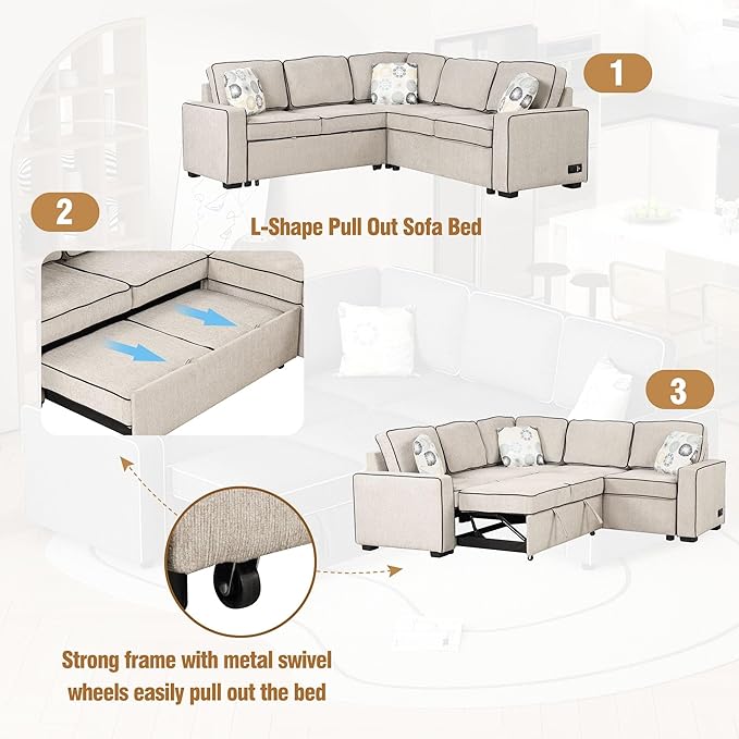 83“ L-Shape Sectional Sleeper Sofa with Pull out Bed, Linen Upholstered Convertible Couch w/ 3 Pillows, 2 Power Sockets &2 USB ports, for Living Room Apartment, 83 Inch, Cream - LeafyLoom