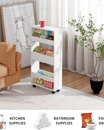 Slim Storage Cart, 4-Tier Kitchen Rolling Cart Narrow Mobile Utility Organizer for Bathroom Livng Room Laundry Room Small Spaces, White - LeafyLoom