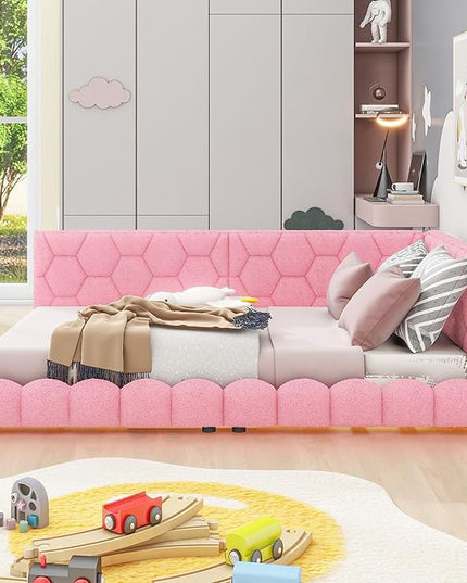 Full Size Upholstered Daybed Sofa Bed with L-shaped Headboard, USB Ports and LED Belt, Pink - LeafyLoom