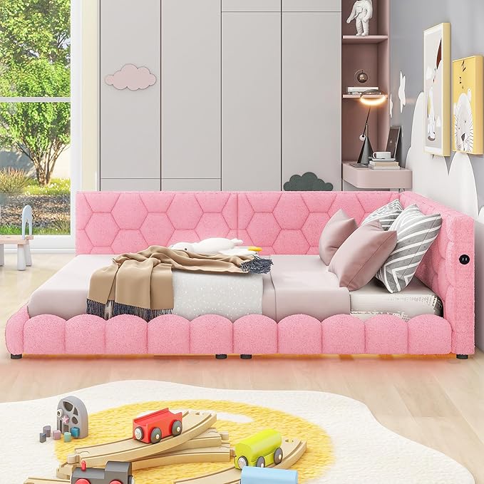Full Size Upholstered Daybed Sofa Bed with L-shaped Headboard, USB Ports and LED Belt, Pink - LeafyLoom