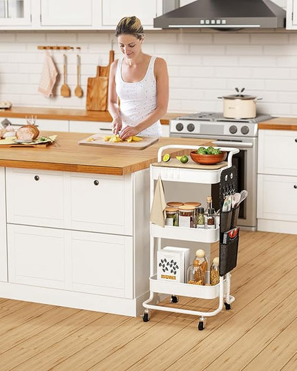 DTK 3 Tier Metal Utility Rolling Cart with Table Top and Side Bags, Metal Tray Storage Organizer Cart with Wheels, Art Craft Cart with 4 Hooks for Kitchen Bathroom Office Living Room (White) - LeafyLoom