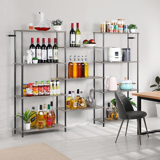 melos 4 Tier Bookshelf, Industrial Bookcase, Large Etagere Bookshelf Open Display Shelves with Metal Frame and 2 Anti-Tipping Strap, Grey - LeafyLoom