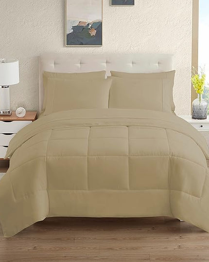 Dorm Room Essentials College Bedding Comforter Set 5 Piece Twin Size Bed in a Bag for College Students Boys and Girls, Twin, Taupe - LeafyLoom