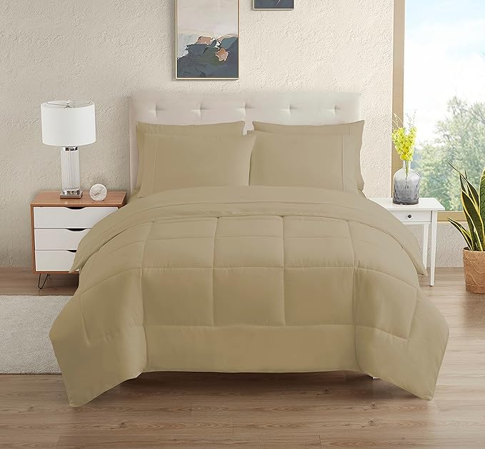 Dorm Room Essentials College Bedding Comforter Set 5 Piece Twin Size Bed in a Bag for College Students Boys and Girls, Twin, Taupe - LeafyLoom
